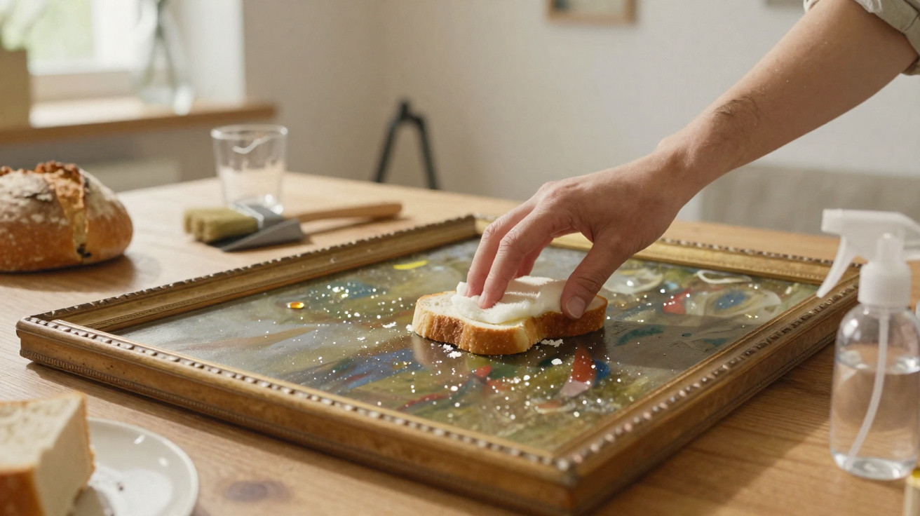 Pessoa a esfregar migalhas de pão sobre um quadro com cera numa mesa de madeira.