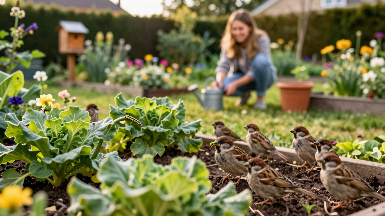 Jardim com plantas e pássaros em primeiro plano, mulher a regar plantas ao fundo com regador.