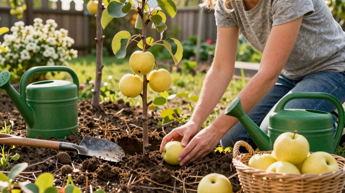 Pessoa a plantar uma árvore de pomares com maçãs amarelas num jardim, com regador verde ao lado.