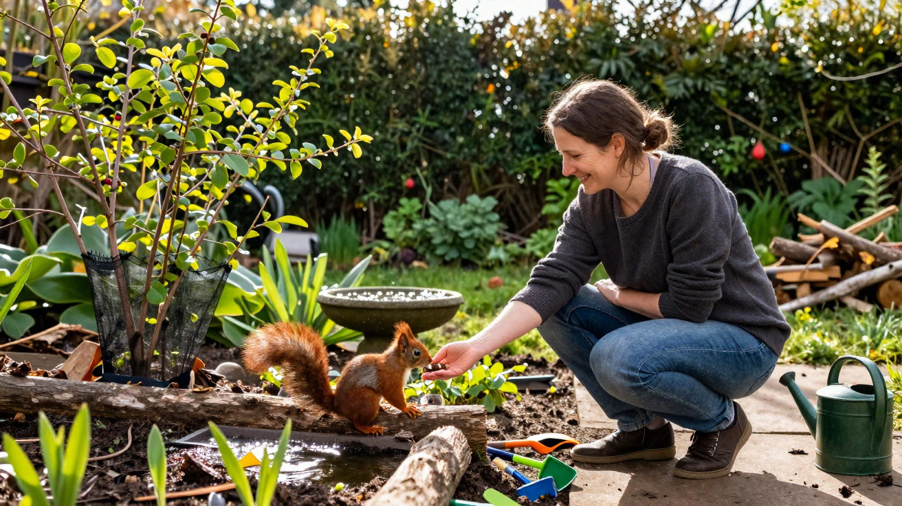 Mulher ajoelhada a alimentar um esquilo num jardim com plantas e regador por perto.