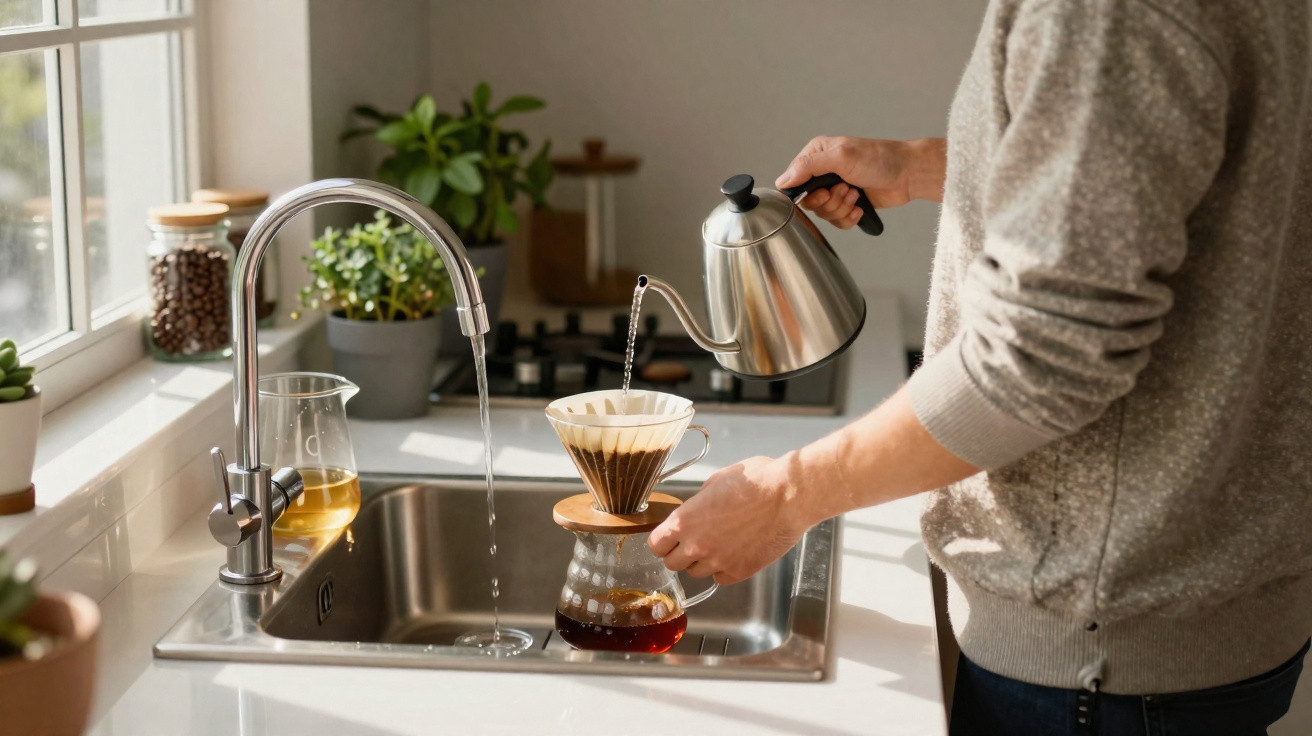 Pessoa a preparar café por método de gotejamento numa cozinha luminosa perto da pia.