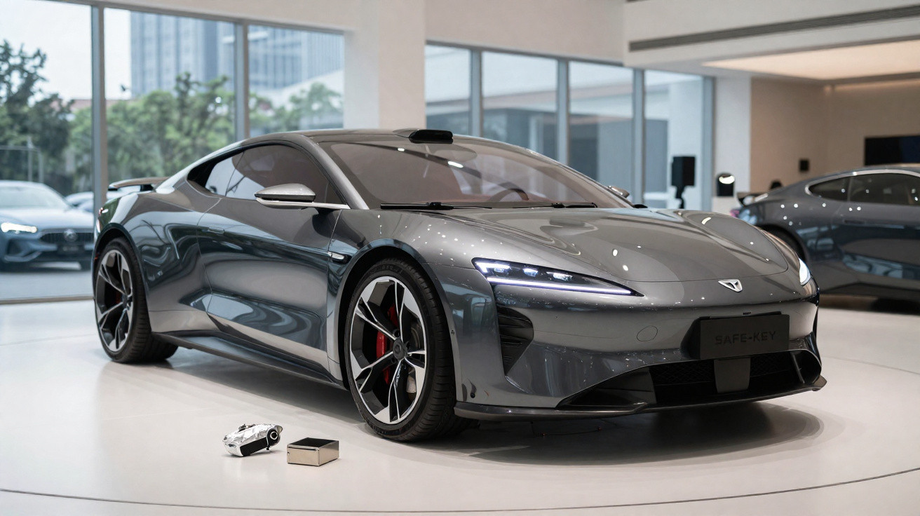 Carro desportivo elétrico cinzento exposto numa sala moderna com comandos à frente.
