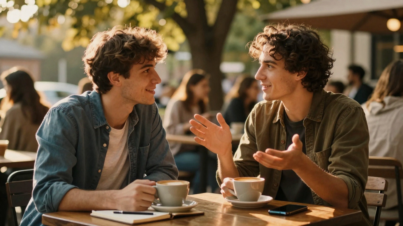 Dois jovens sentados numa esplanada a conversar e beber café ao fim da tarde.