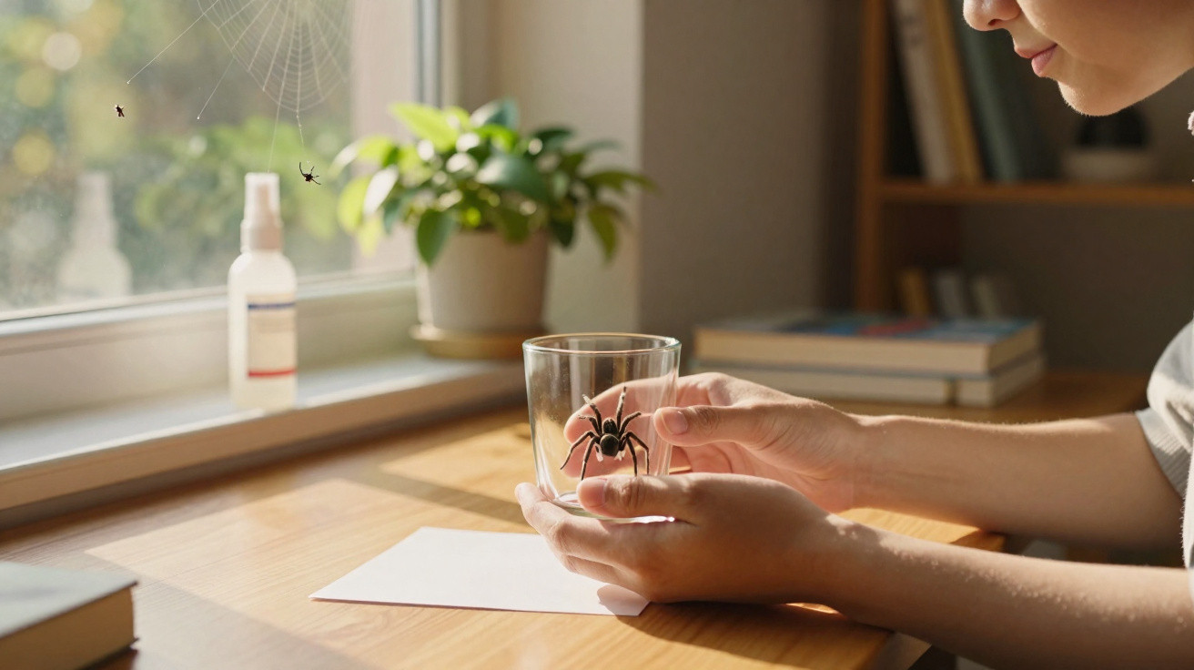 Pessoa a segurar copo com aranha dentro numa mesa com plantas e janela ao fundo.
