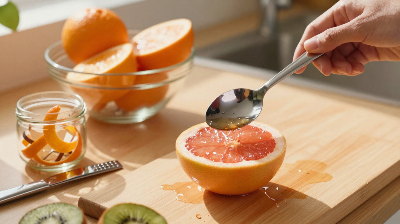 Pessoa a colher mel sobre uma toranja cortada ao meio numa tábua de madeira com frutas ao fundo.