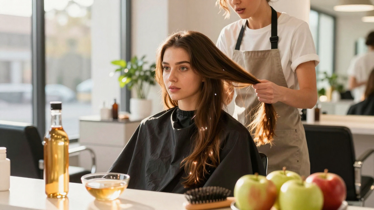Cabeleireira a preparar o cabelo de mulher sentada numa cadeira, com produtos e frutos numa mesa iluminada.