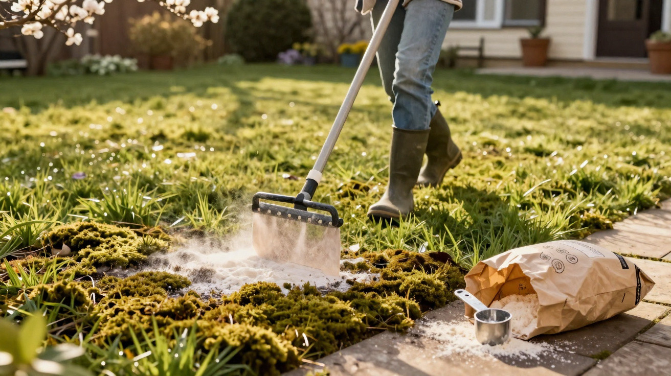 Pessoa a espalhar cal agrícola num jardim para controlar o musgo e melhorar o solo.