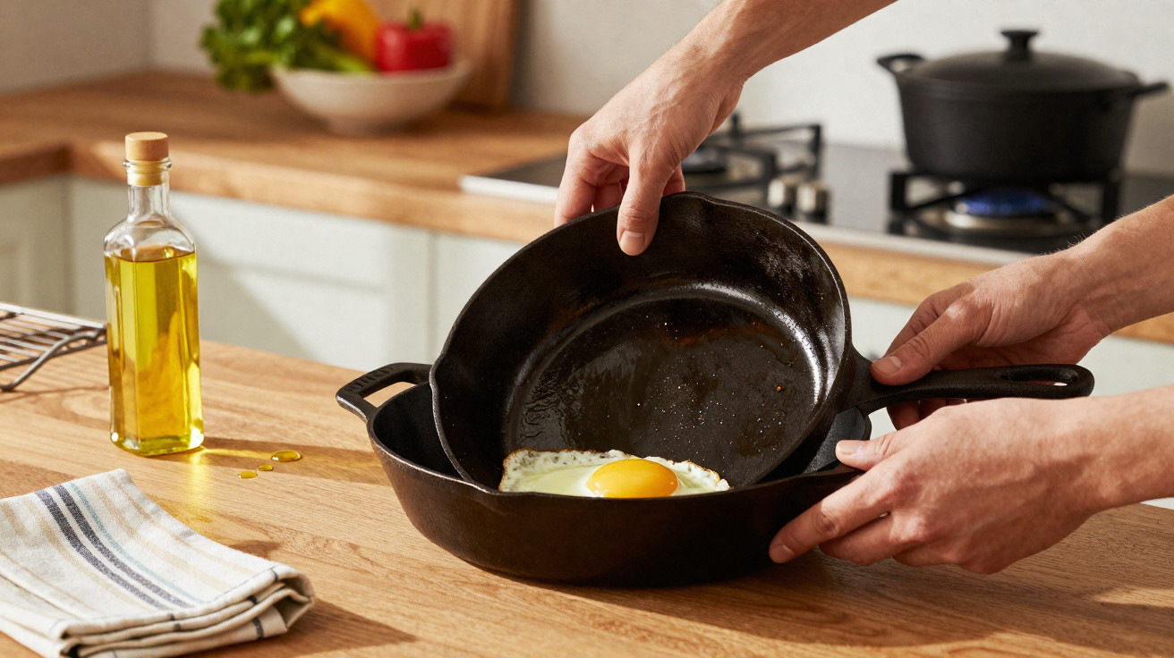 Pessoa segurando frigideira de ferro com ovo estrelado numa cozinha moderna.
