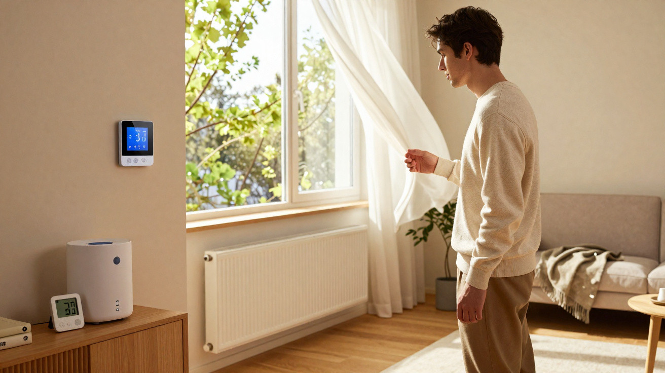 Homem a abrir cortina com comando numa sala com termostato e purificador de ar modernos.