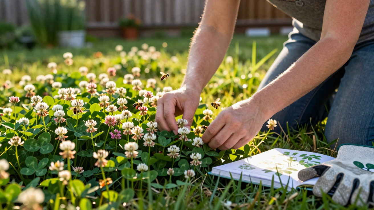 Pessoa colhe trevo-branco enquanto desenha plantas num caderno, rodeada de flores e abelhas no jardim.