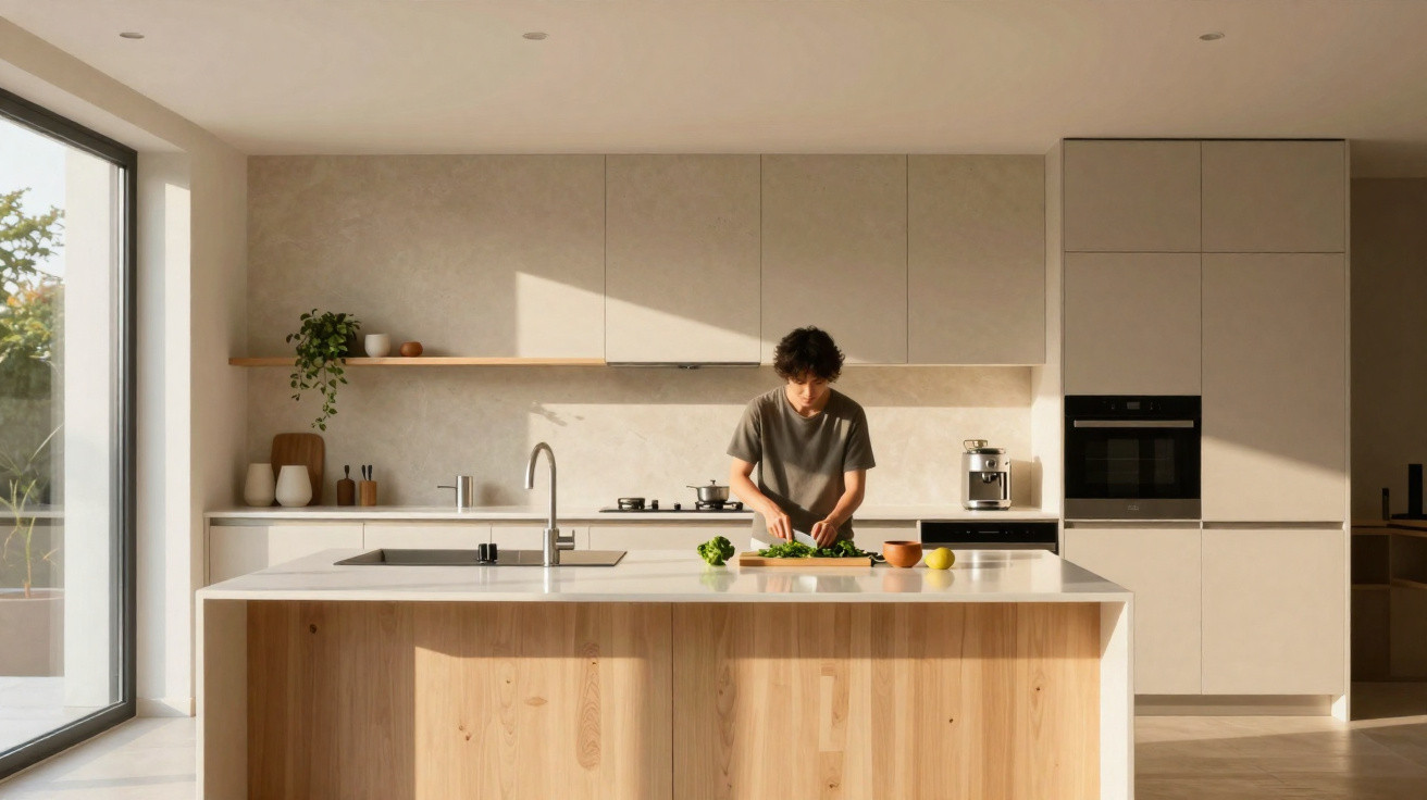 Pessoa a preparar alimentos numa cozinha moderna com ilha e luz natural intensa.