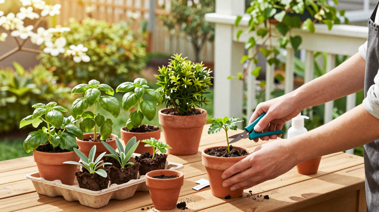 Pessoa a podar plantas aromáticas em vasos de barro num jardim ensolarado.
