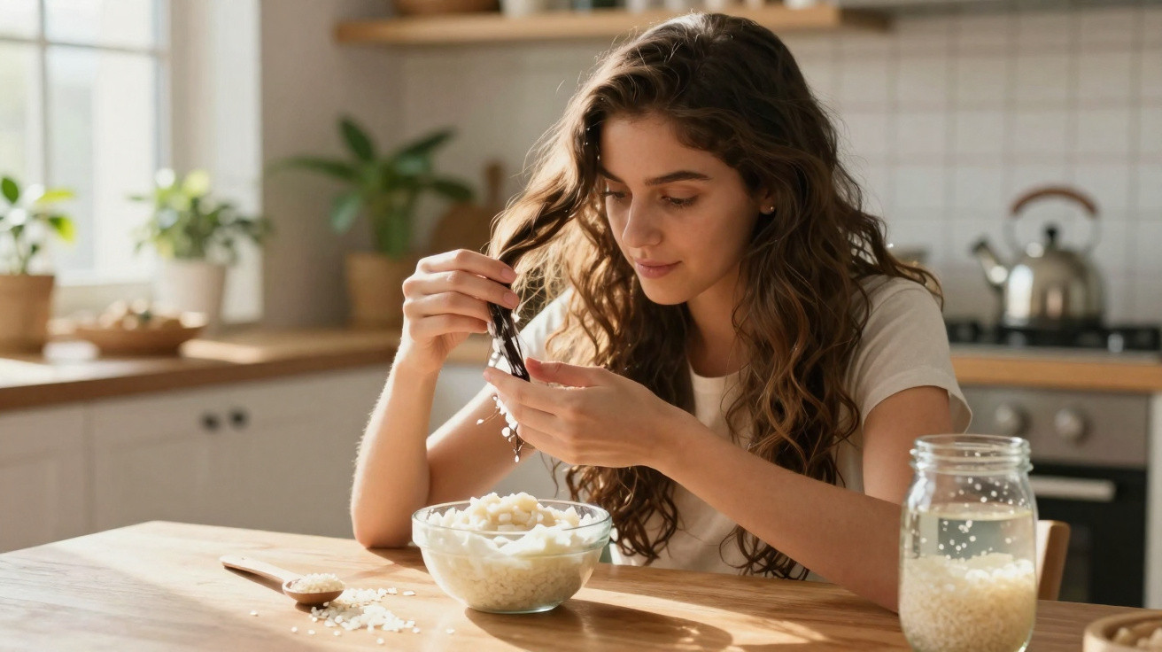 Mulher sentada à mesa na cozinha, segurando arroz com as mãos e com uma tigela de arroz à sua frente.