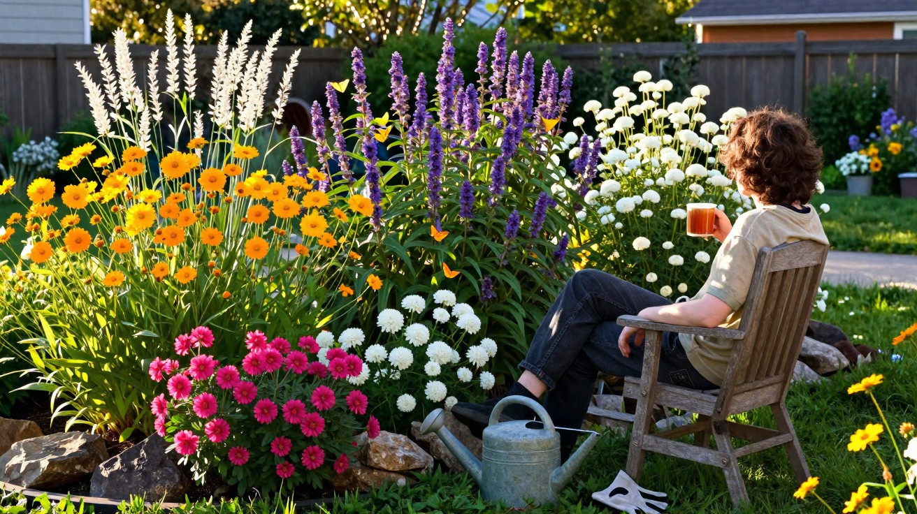 Pessoa sentada numa cadeira de madeira a beber chá num jardim colorido com flores variadas.