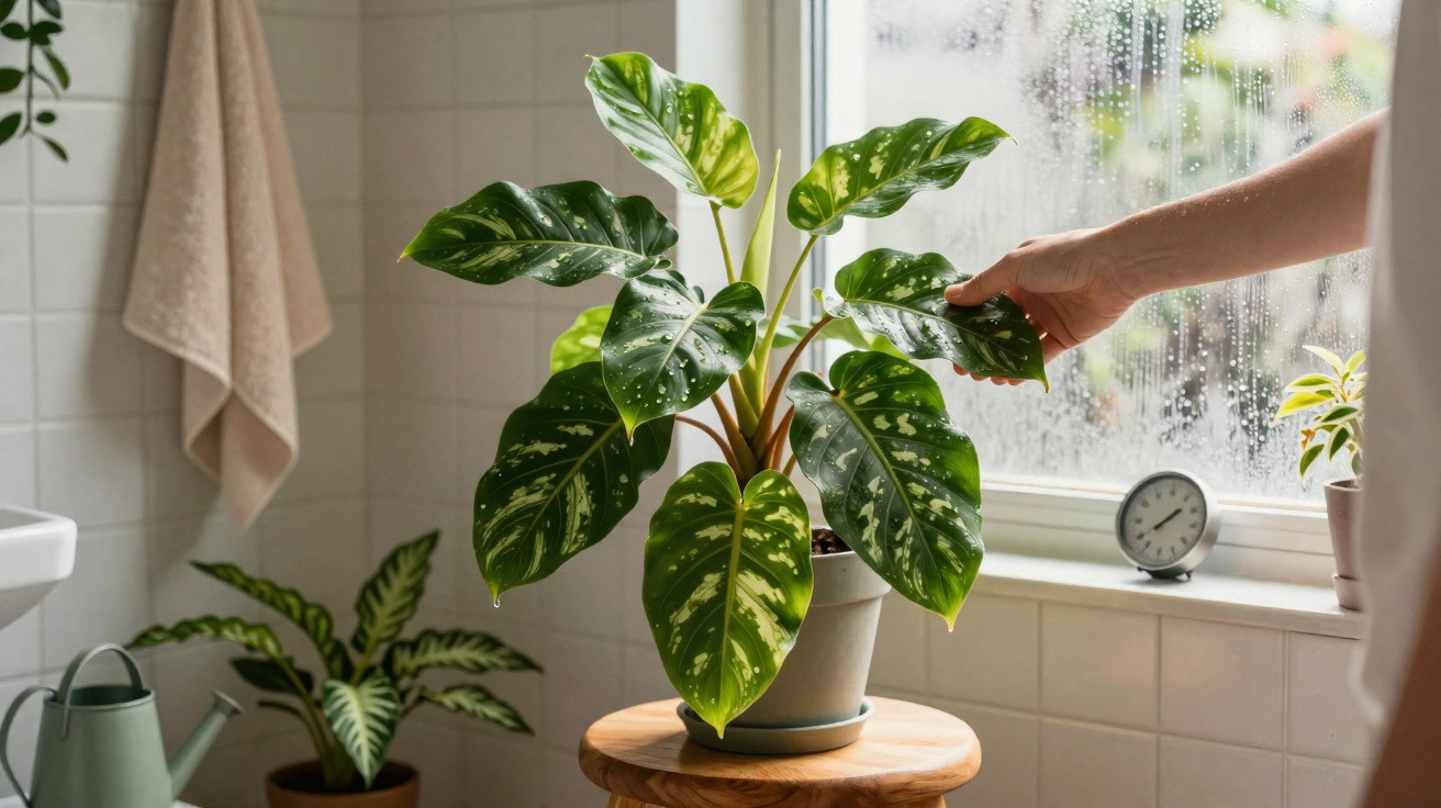Planta com folhas verdes e bolinhas em vaso junto à janela com gotas de água e mão a tocar folha.