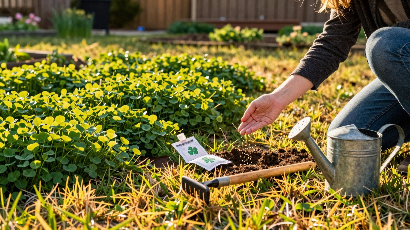 Mão a semear sementes num jardim com regador, ancinho e plantações de trevo ao sol.