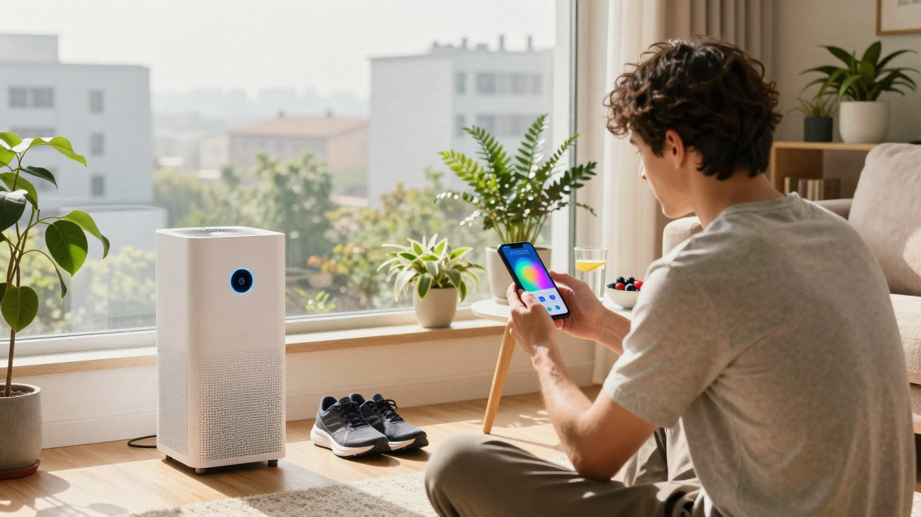 Homem usa smartphone para controlar purificador de ar branco numa sala com plantas e luz natural.