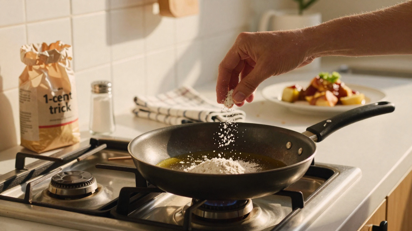 Mão a polvilhar farinha numa frigideira com óleo quente num fogão, cenário de cozinha ao fundo.