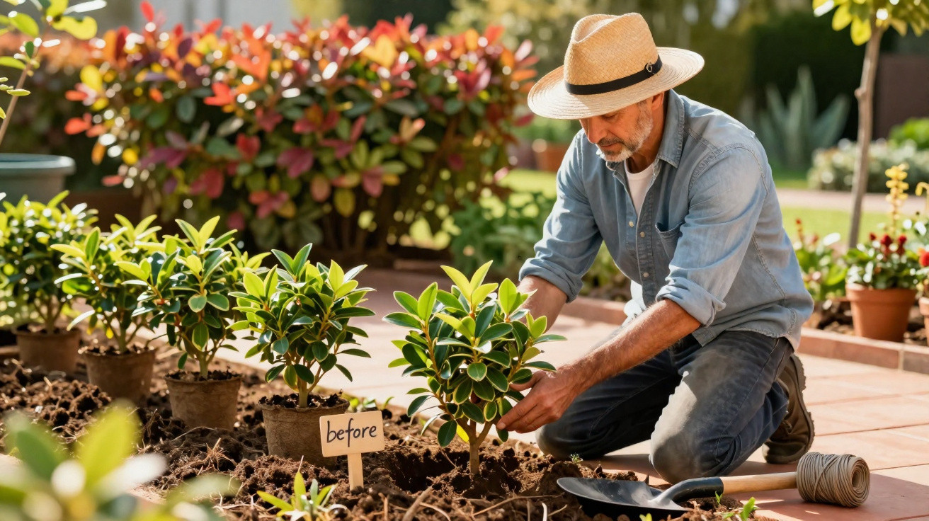 Homem a plantar arbusto em vaso no jardim com chapéu e roupa casual, ao amanhecer.