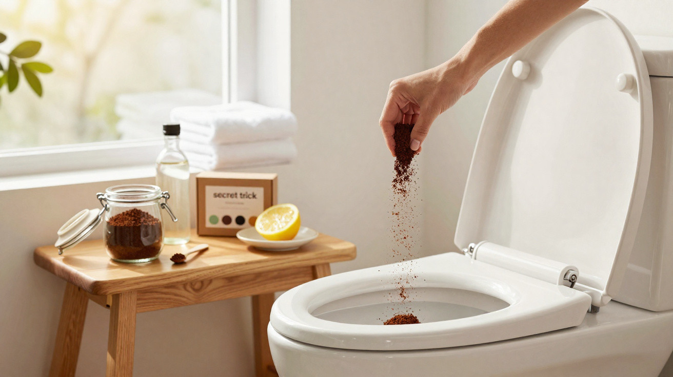 Mão a espalhar borra de café na sanita com ingredientes de limpeza naturais numa mesa ao lado.
