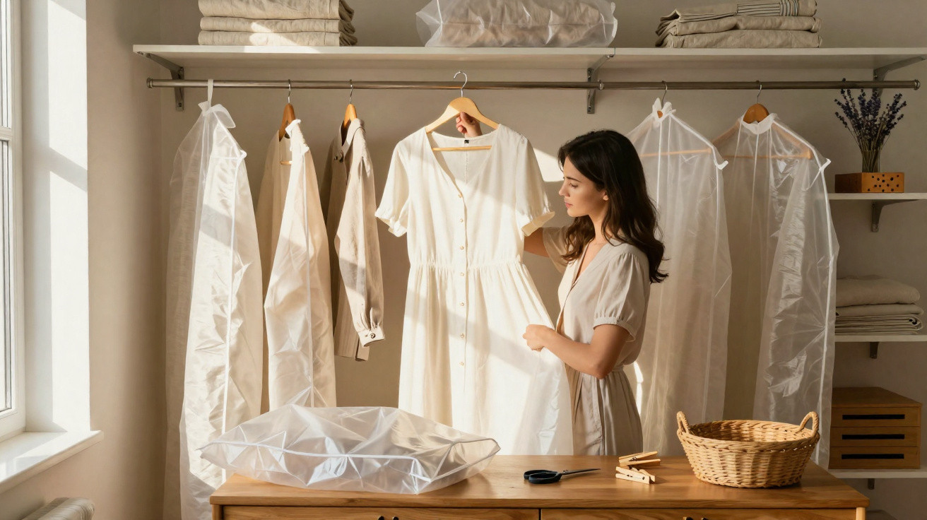 Mulher escolhe vestido branco num closet organizado com roupas claras e luz natural.