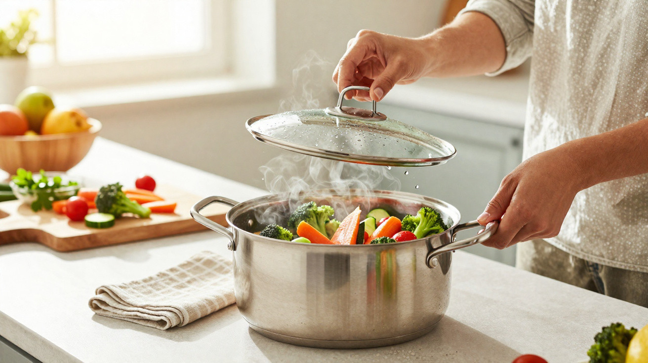 Pessoa a levantar tampa de tacho com legumes frescos a cozer numa cozinha iluminada.