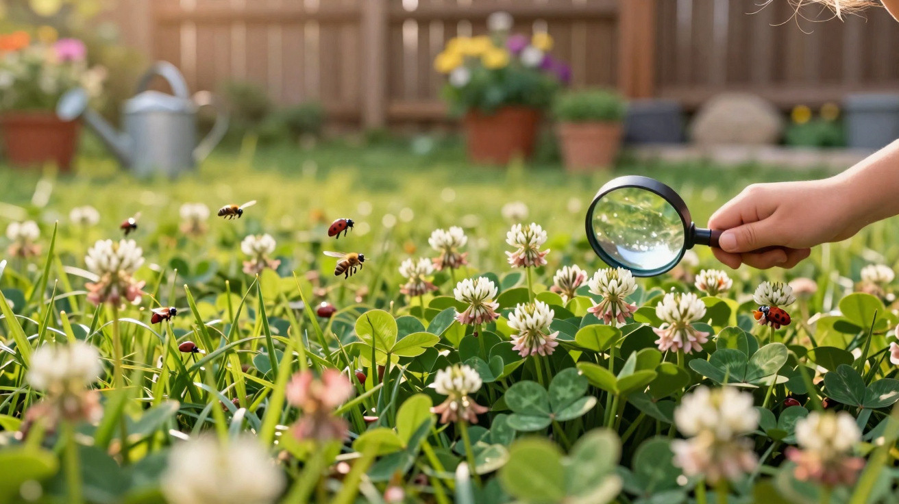Mão a segurar lupa a observar flores brancas com abelhas e joaninhas num jardim ensolarado.