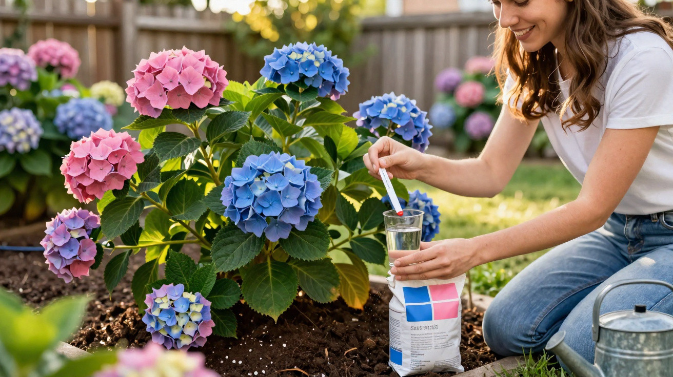 Mulher fertiliza plantas de hortênsia azuis e cor-de-rosa no jardim com água e termómetro.