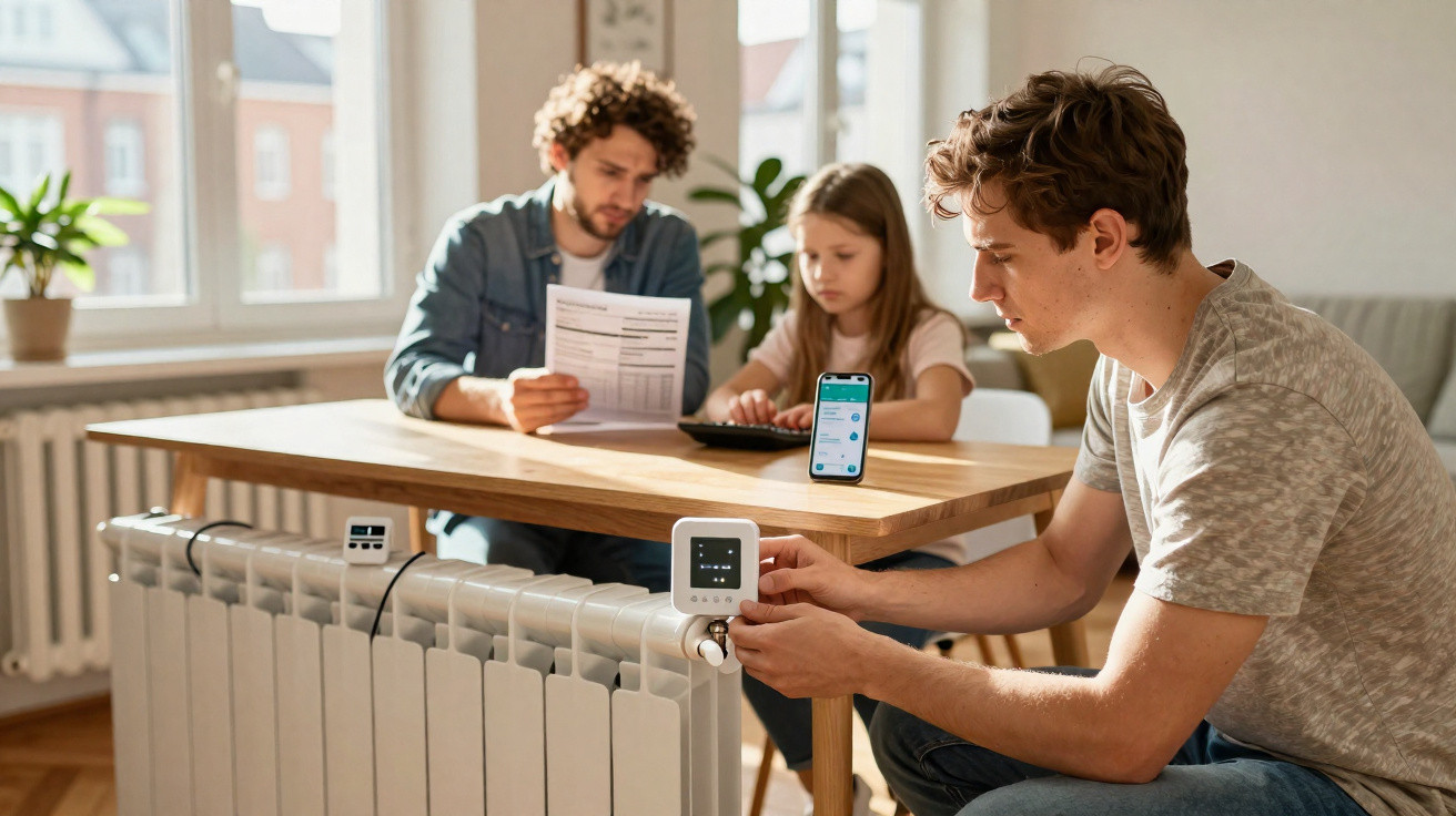 Três jovens numa sala com janelas grandes, um ajusta termóstato, os outros consultam documentos sentados à mesa.