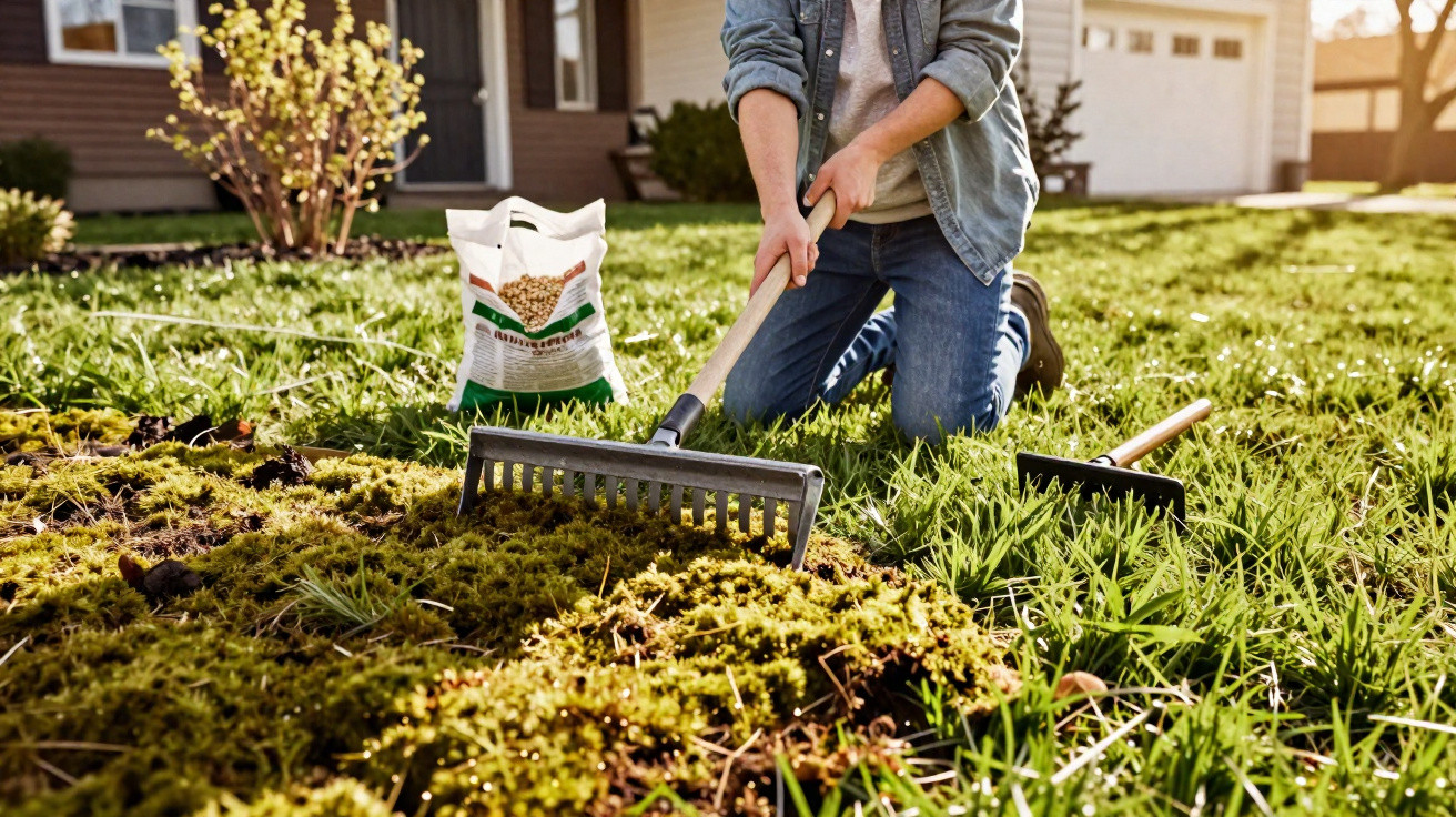 Pessoa a remover musgo do relvado de um jardim usando um ancinho, com saco de tratamento ao lado.