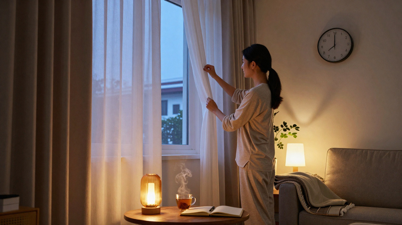 Mulher de pijama a abrir cortinas numa sala acolhedora com luz suave ao início da manhã.