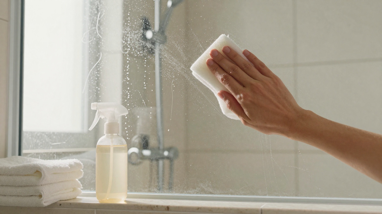 Mão a limpar um espelho de casa-de-banho com esfregão branco e spray de limpeza visível.