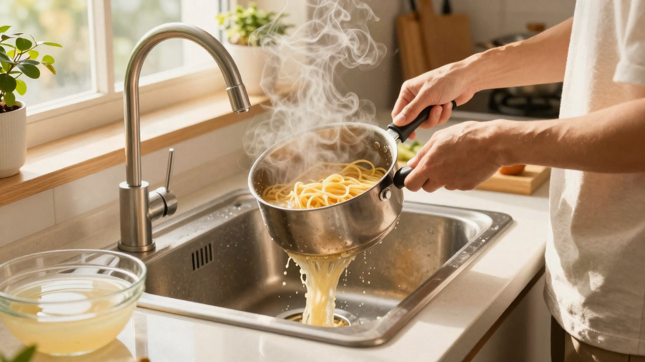 Pessoa a coar esparguete numa pia de cozinha com vapor a subir da panela em dia luminoso.