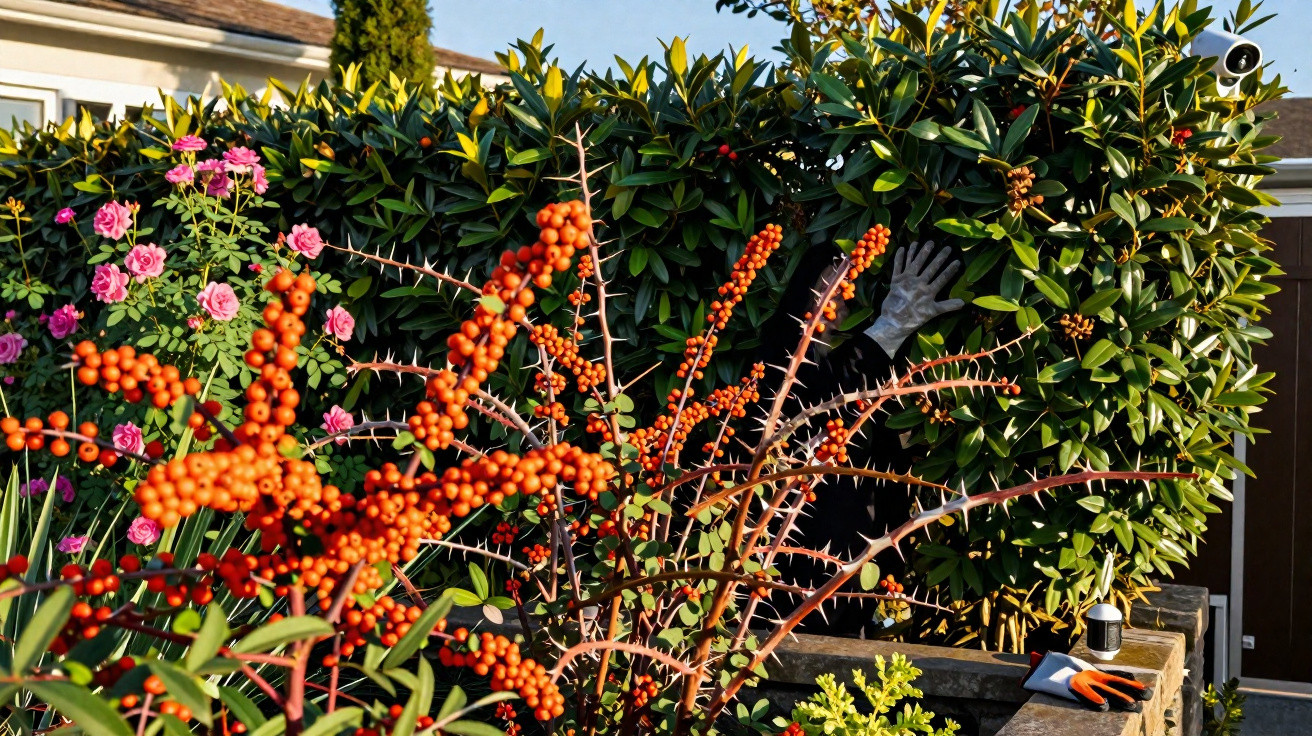 Ramos com bagas laranja, arbustos verdes e flores rosa num jardim ensolarado com luvas e câmera sobre pedra.