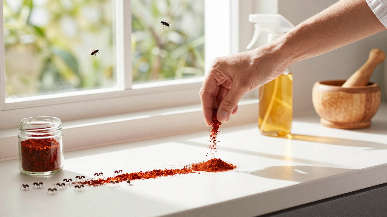 Mão a espalhar pó vermelho para afastar formigas numa bancada branca junto a uma janela com frasco e spray.