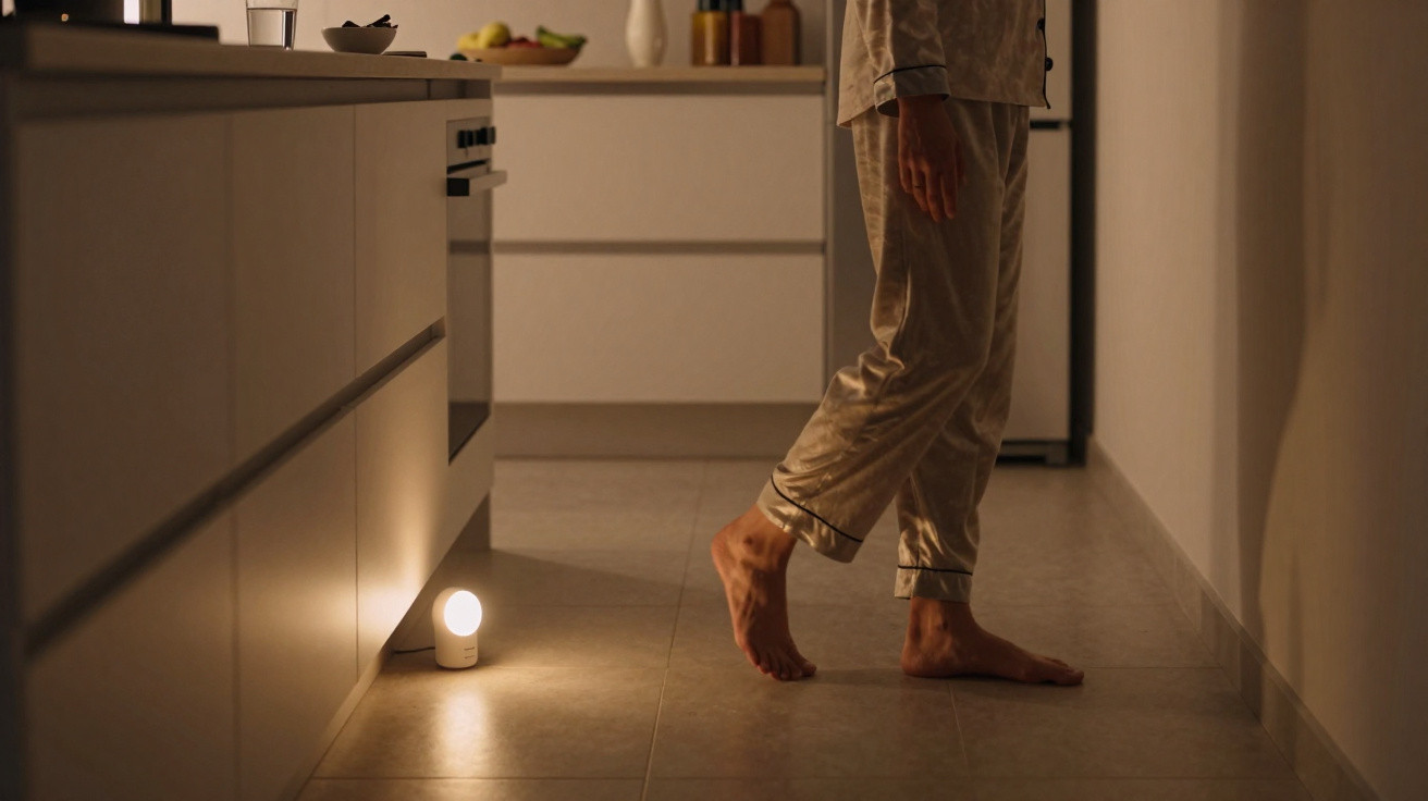 Pessoa descalça a caminhar numa cozinha iluminada por luz suave junto aos armários brancos.