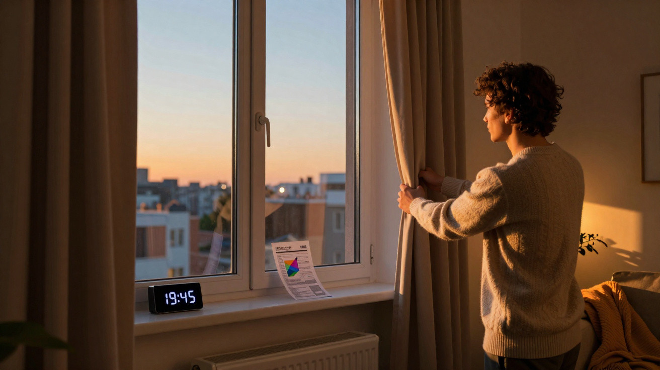 Pessoa a abrir cortinas ao pôr do sol numa sala de estar com relógio digital a mostrar 19:45.