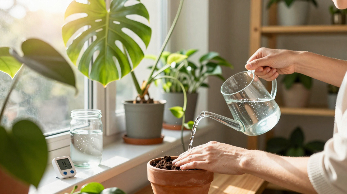 Pessoa a regar planta com regador transparente junto à janela com várias plantas em vasos.