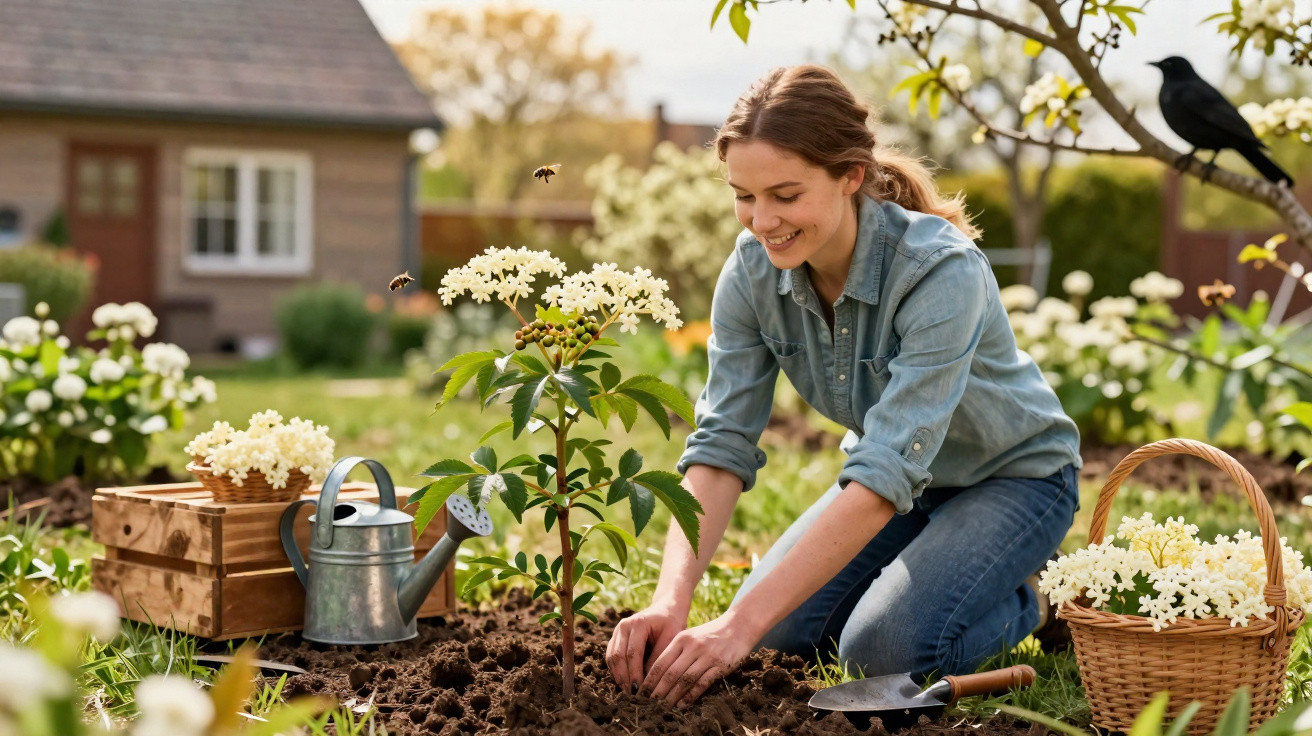 Mulher a plantar flores brancas num jardim ensolarado, com regador e cesta ao lado.