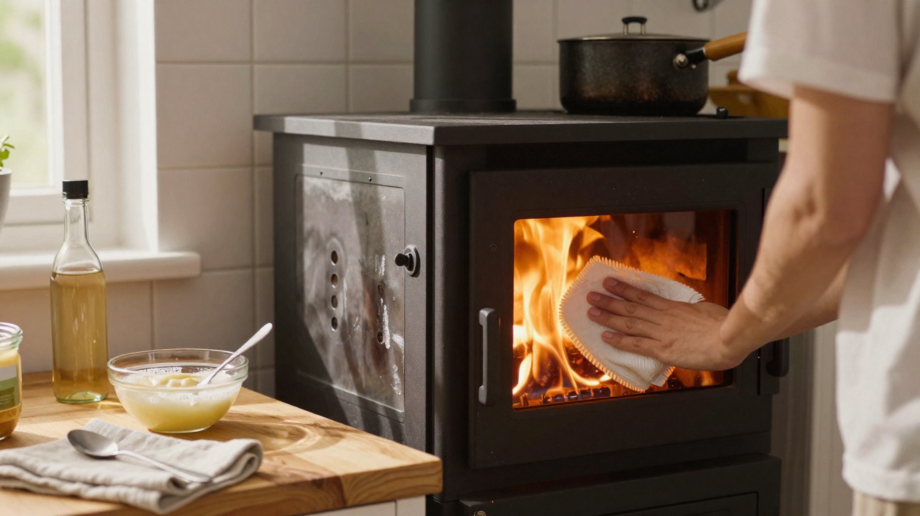Pessoa a limpar a porta de uma salamandra acesa numa cozinha com luz natural e utensílios à volta.