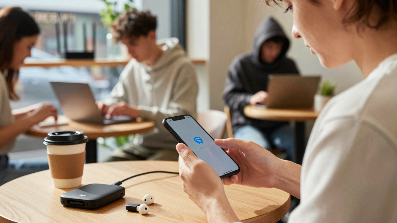 Pessoa a usar smartphone, mesa com café, auriculares, carregador e outras pessoas a trabalhar em portátil.