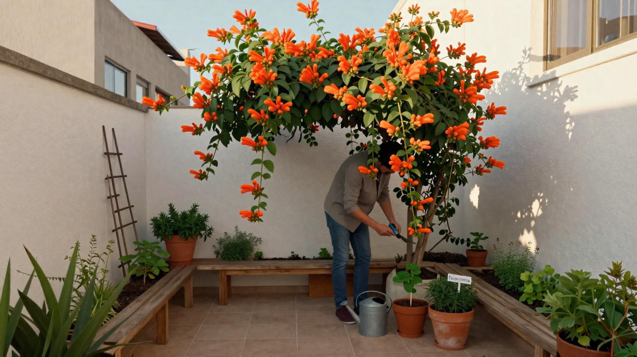 Pessoa a cuidar de planta com flores laranjas num pátio com várias plantas em vasos e bancos de madeira.