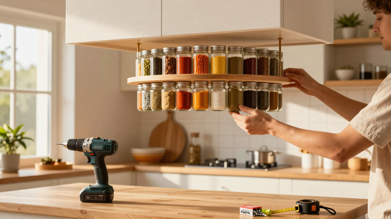 Prateleira giratória de madeira com frascos de especiarias sendo instalada numa cozinha moderna.