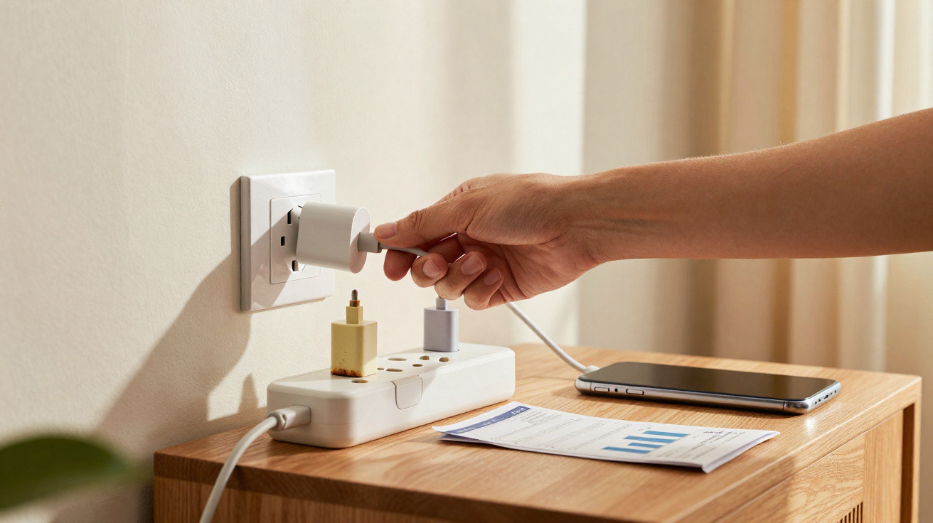 Mão a ligar carregador USB numa tomada com régua elétrica sobre mesa de madeira, junto a telemóvel e papel.
