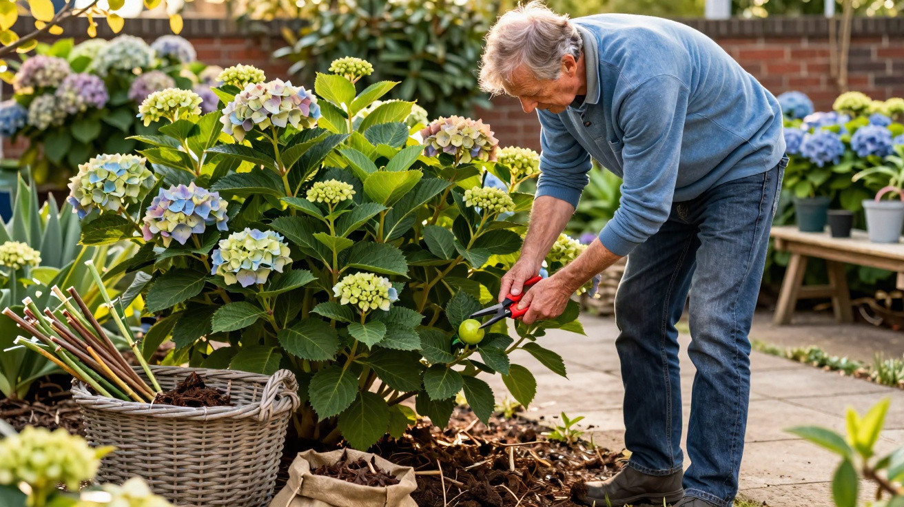 Homem idoso a podar plantas com sacho num jardim com flores e ferramentas ao lado.