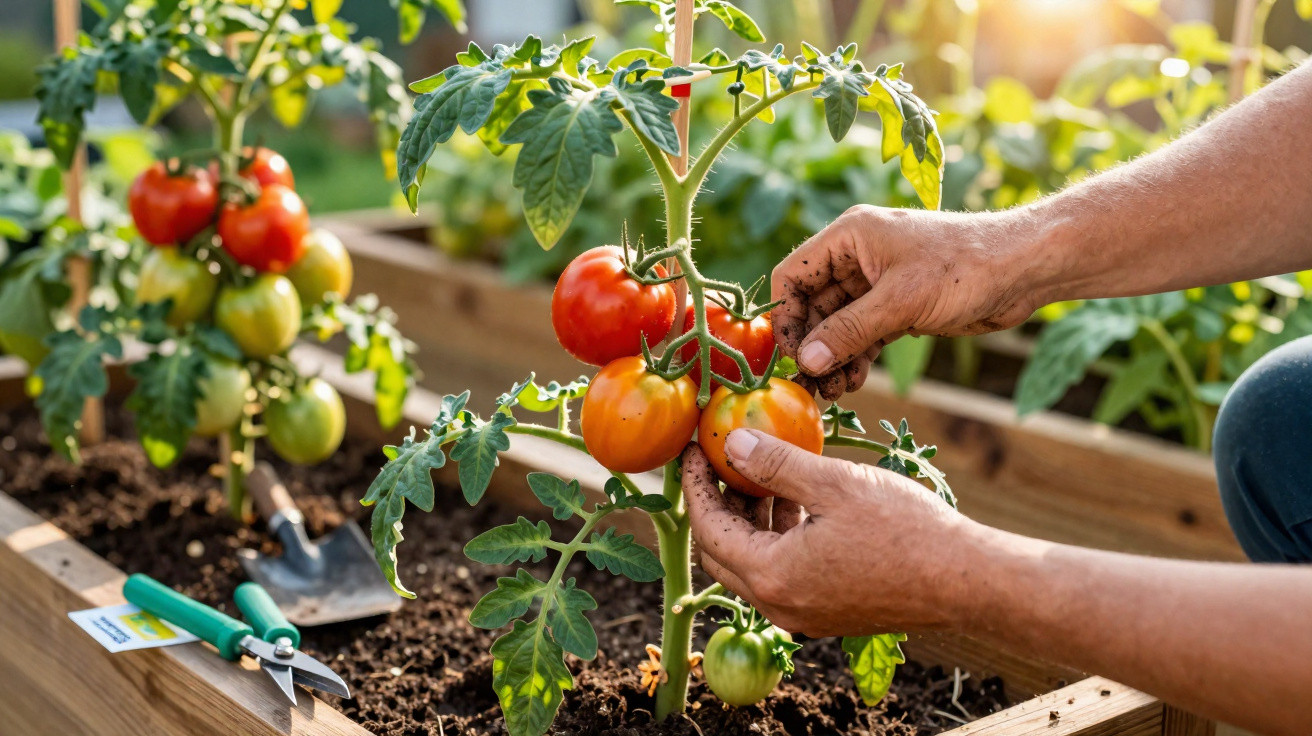 Pessoa apanha um tomate maduro numa horta urbana com tomateiras em canteiros de madeira.