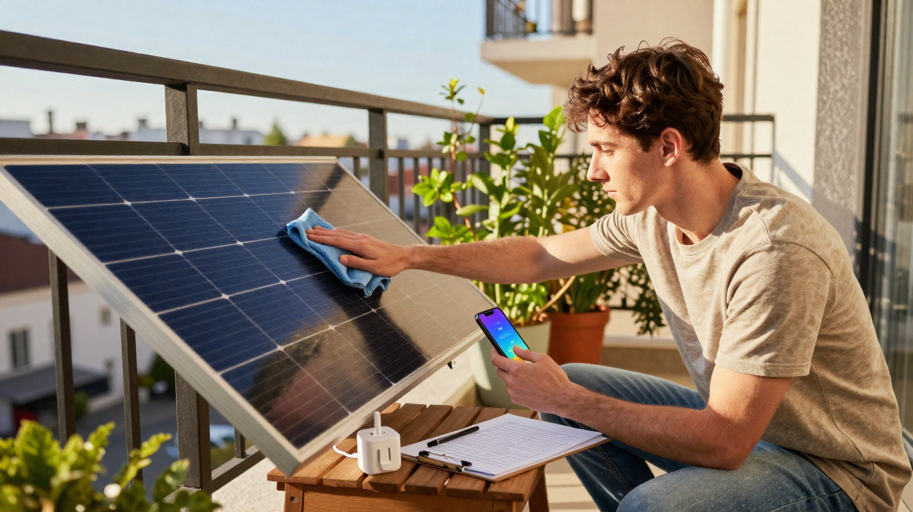 Homem limpa painel solar na varanda enquanto consulta dados no telemóvel num dia solarengo.