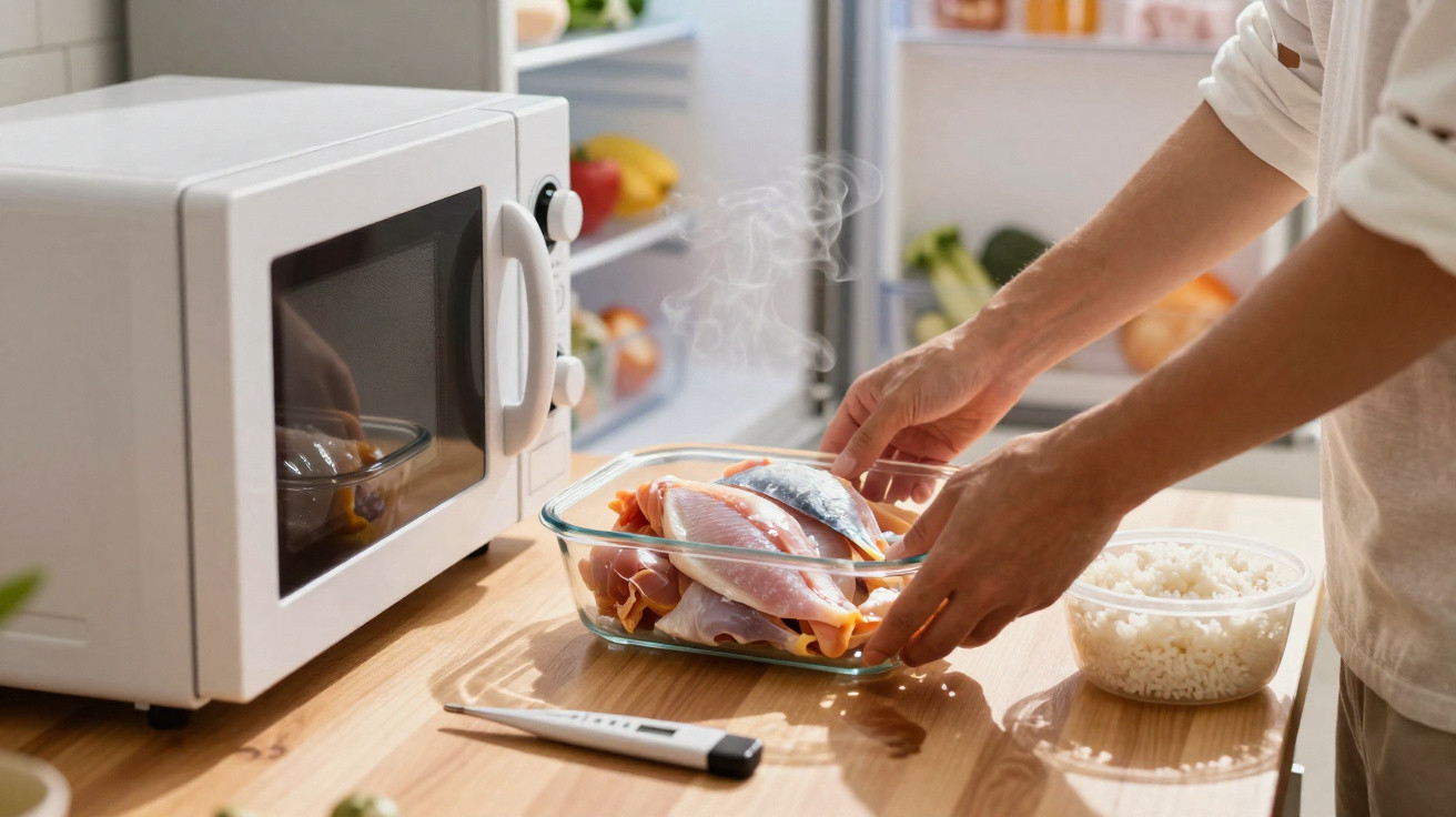 Pessoa a retirar prato de vidro com comida quente do micro-ondas na cozinha com arroz e termómetro na bancada.