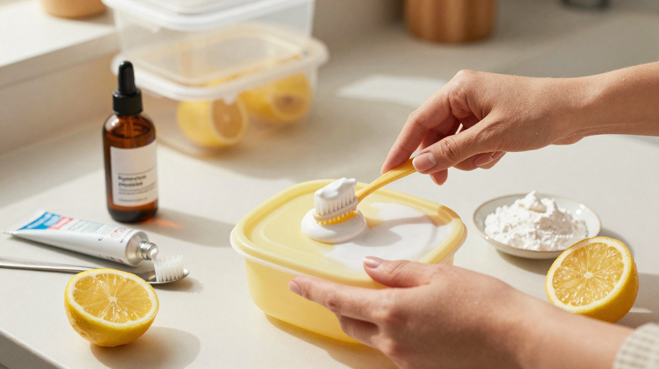Mão a aplicar pasta de dentes numa escova sobre um recipiente amarelo com espuma, junto a limões e ingredientes.