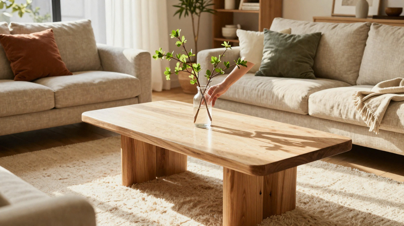 Sala de estar com mesa de madeira, vaso com ramos verdes e sofás beige com almofadas e manta.